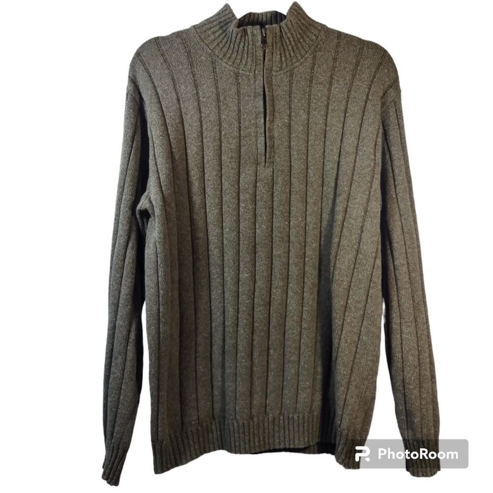 Oscar De La Renta Green Knit Ribbed Quarter Zip Sweater Size L